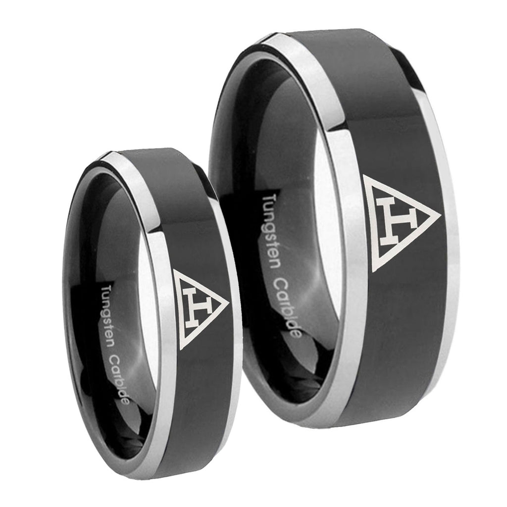 Masonic Triple Beveled Glossy Black 2 Tone Tungsten Wedding Ring Sets