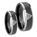 Masonic Triple Beveled Glossy Black 2 Tone Tungsten Wedding Ring Sets