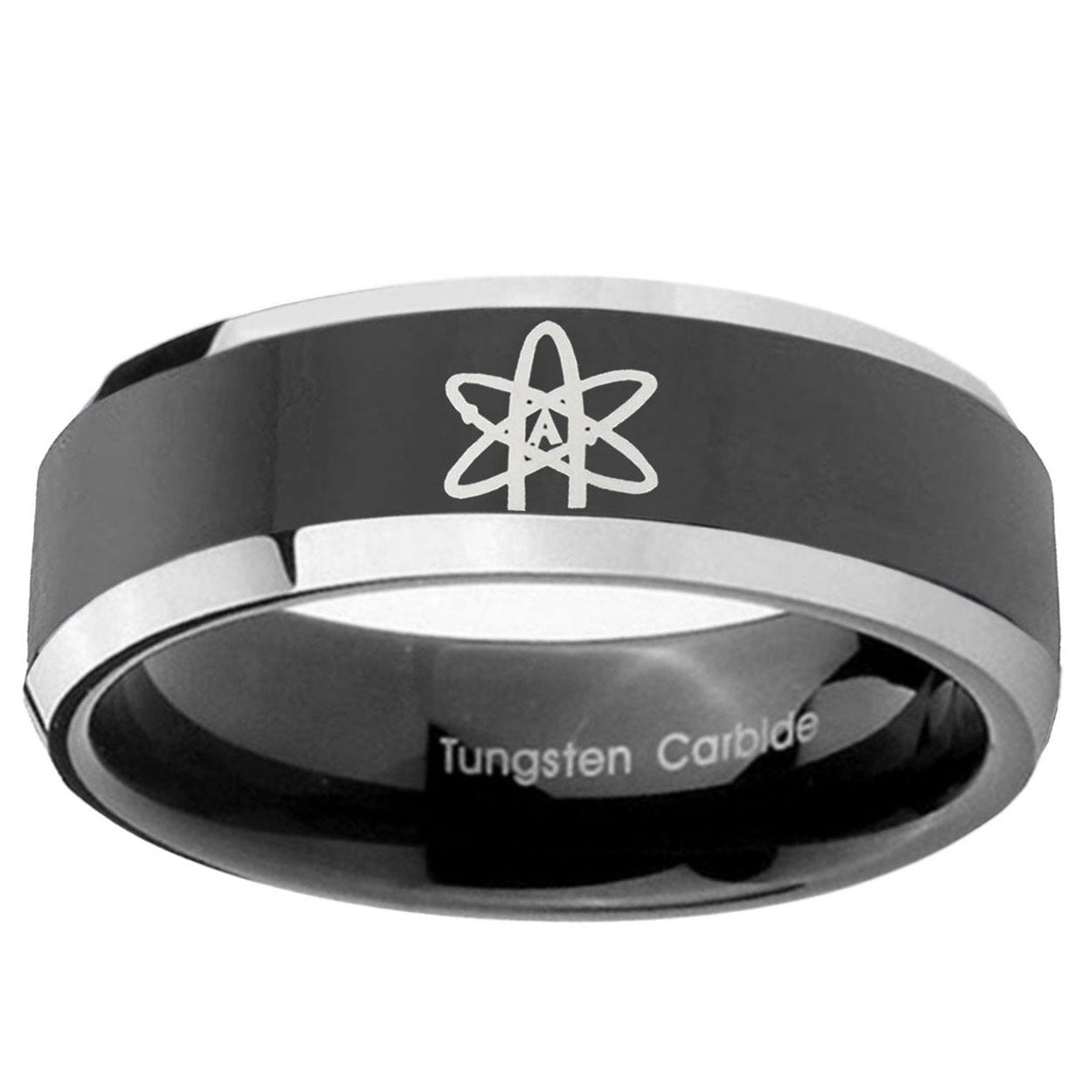 10mm American Atheist Beveled Glossy Black 2 Tone Tungsten Ring