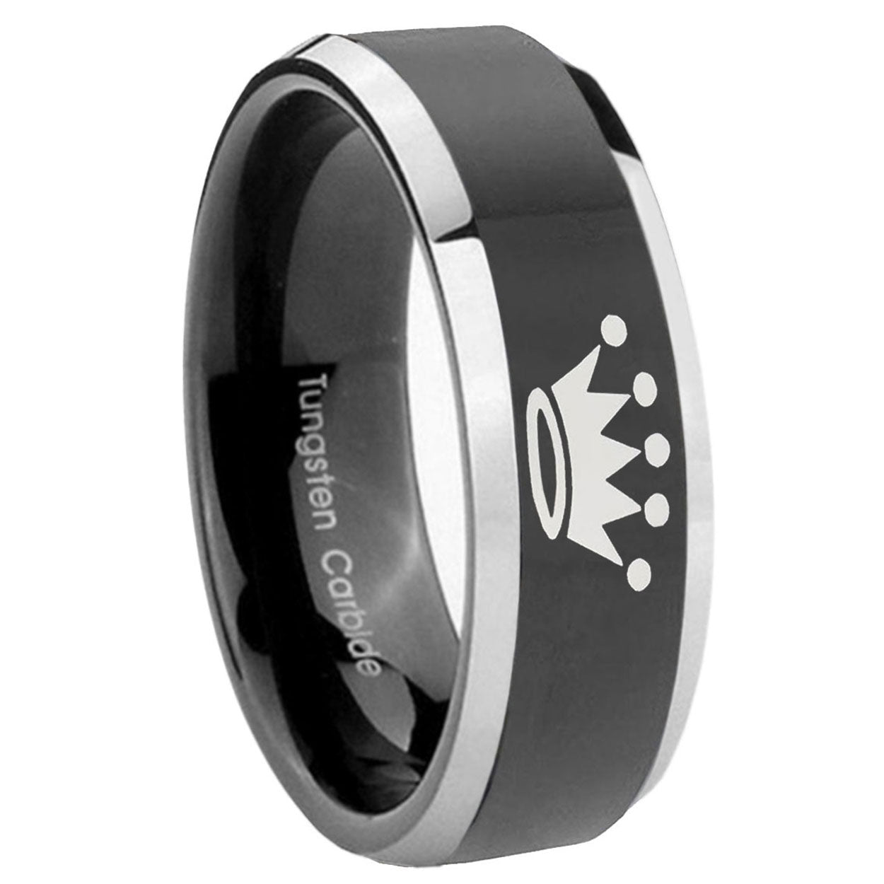 8mm Crown Bevel Glossy Black 2 Tone Tungsten Ring