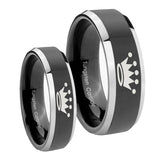 His Hers Crown Beveled Edges Glossy Black 2 Tone Tungsten Men's Wedding Band Set