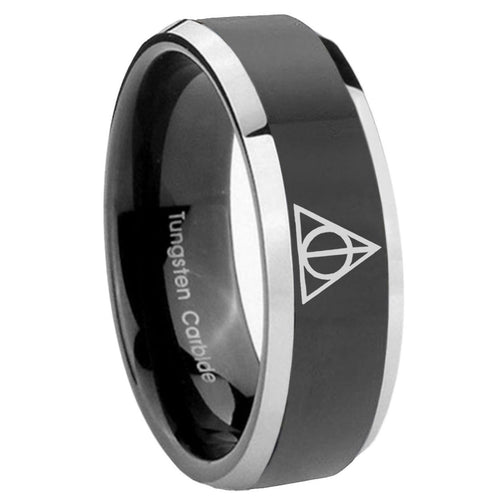 8mm Deathly Hallows Bevel Glossy Black 2 Tone Tungsten Band