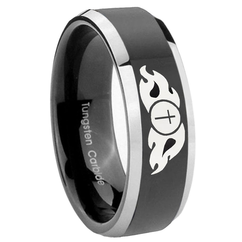 8mm Flamed Cross Beveled Glossy Black 2 Tone Tungsten Ring