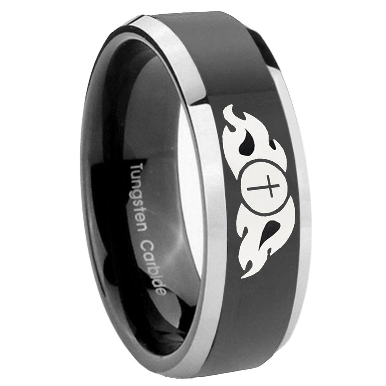 8mm Flamed Cross Beveled Glossy Black 2 Tone Tungsten Ring
