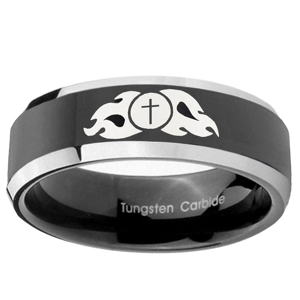 5mm Flamed Cross Beveled Glossy Black 2 Tone Tungsten Ring