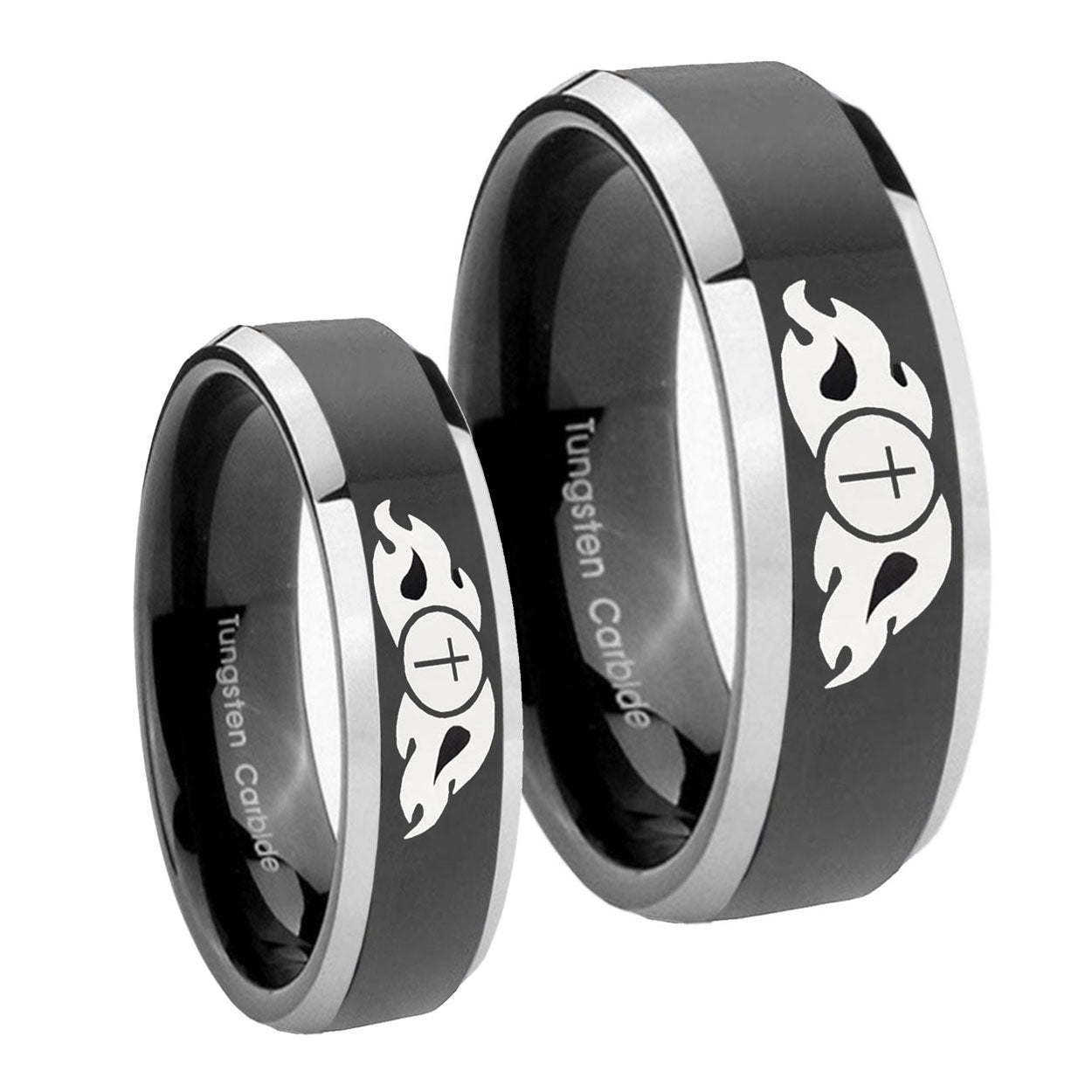 Flamed Cross Beveled Glossy Black 2 Tone Tungsten Wedding Ring Sets