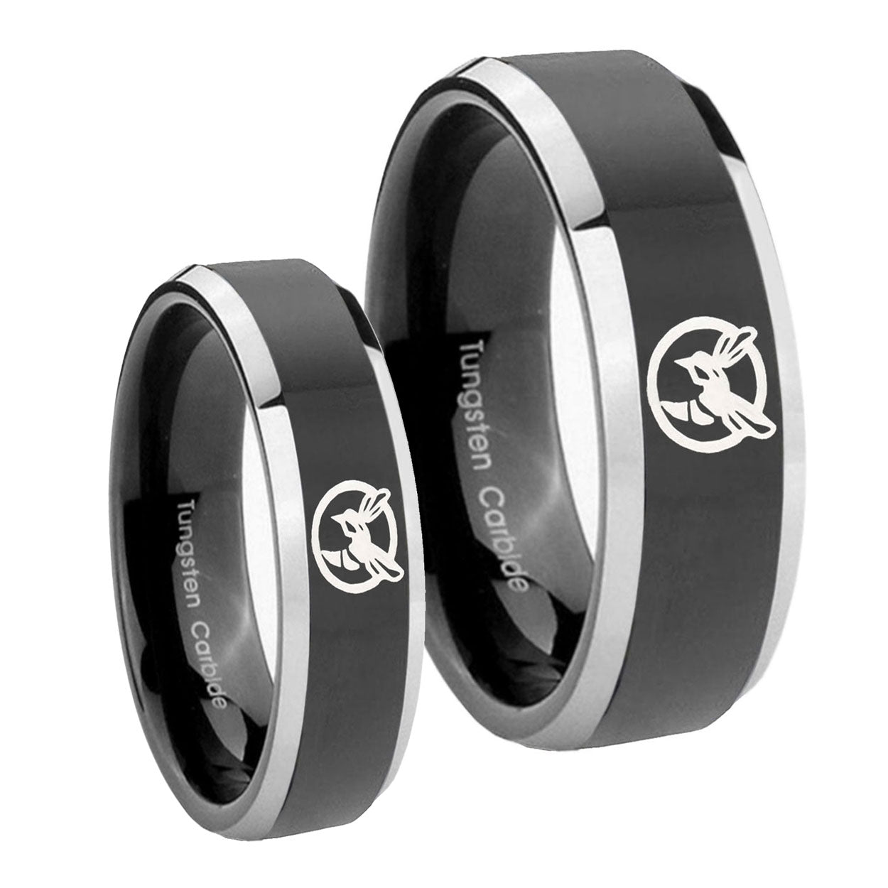 Honey Bee Beveled Glossy Black 2 Tone Tungsten His Hers Set Rings