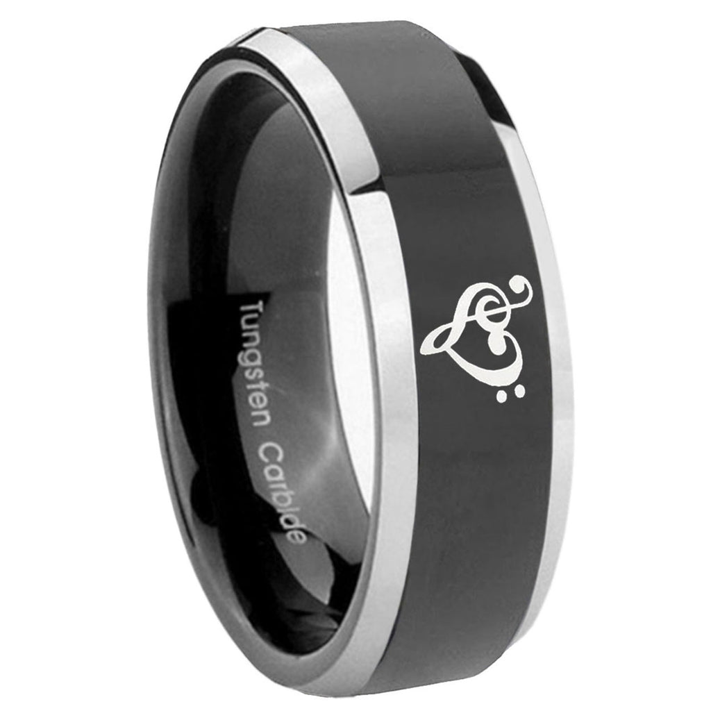 8mm Music & Heart Beveled Glossy Black 2 Tone Tungsten Band