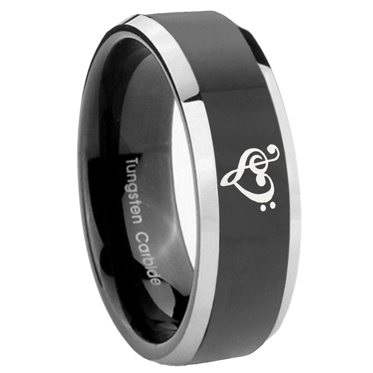 8mm Music & Heart Beveled Glossy Black 2 Tone Tungsten Band