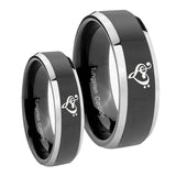 His Hers Music & Heart Beveled Glossy Black 2 Tone Tungsten Custom Ring Set