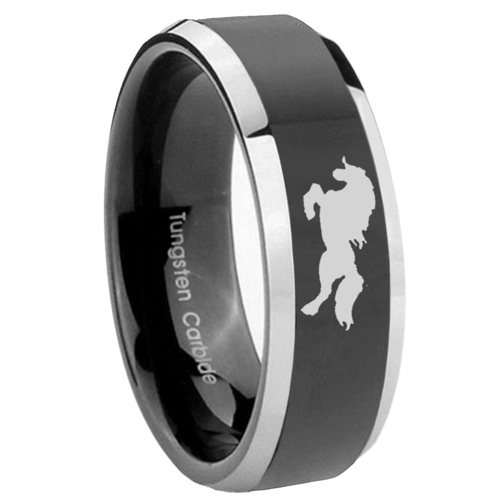 8mm Horse Beveled Edges Glossy Black 2 Tone Tungsten Ring