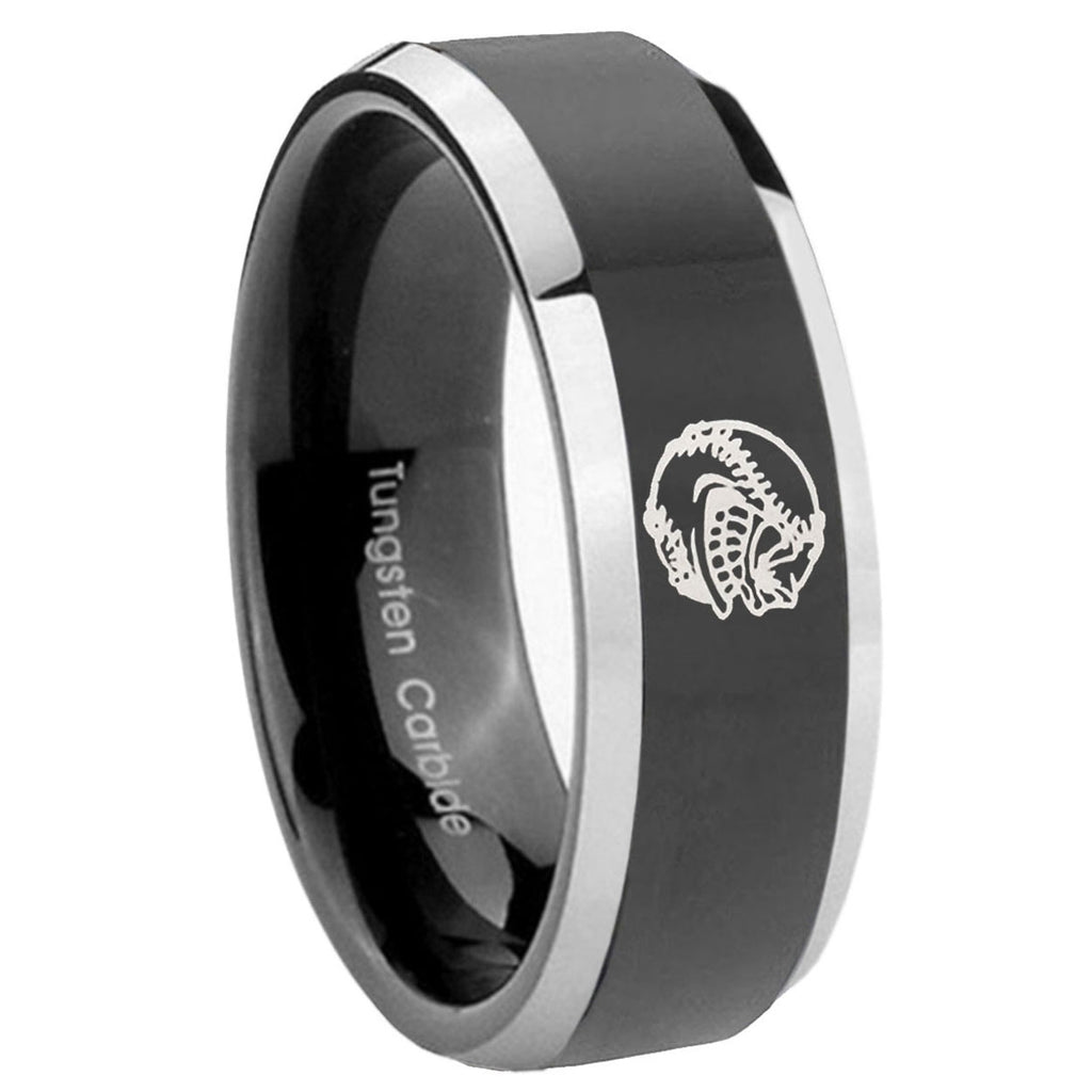 8mm Angry Baseball Bevel Glossy Black 2 Tone Tungsten Ring