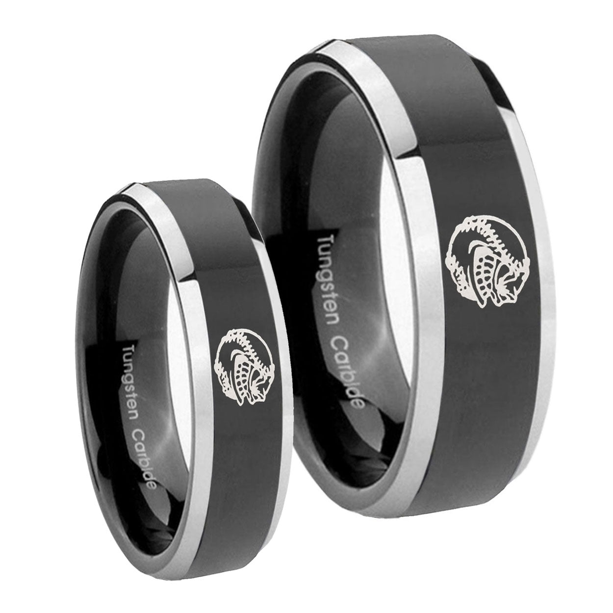 Angry Baseball Beveled Glossy Black 2 Tone Tungsten Mens Ring Set