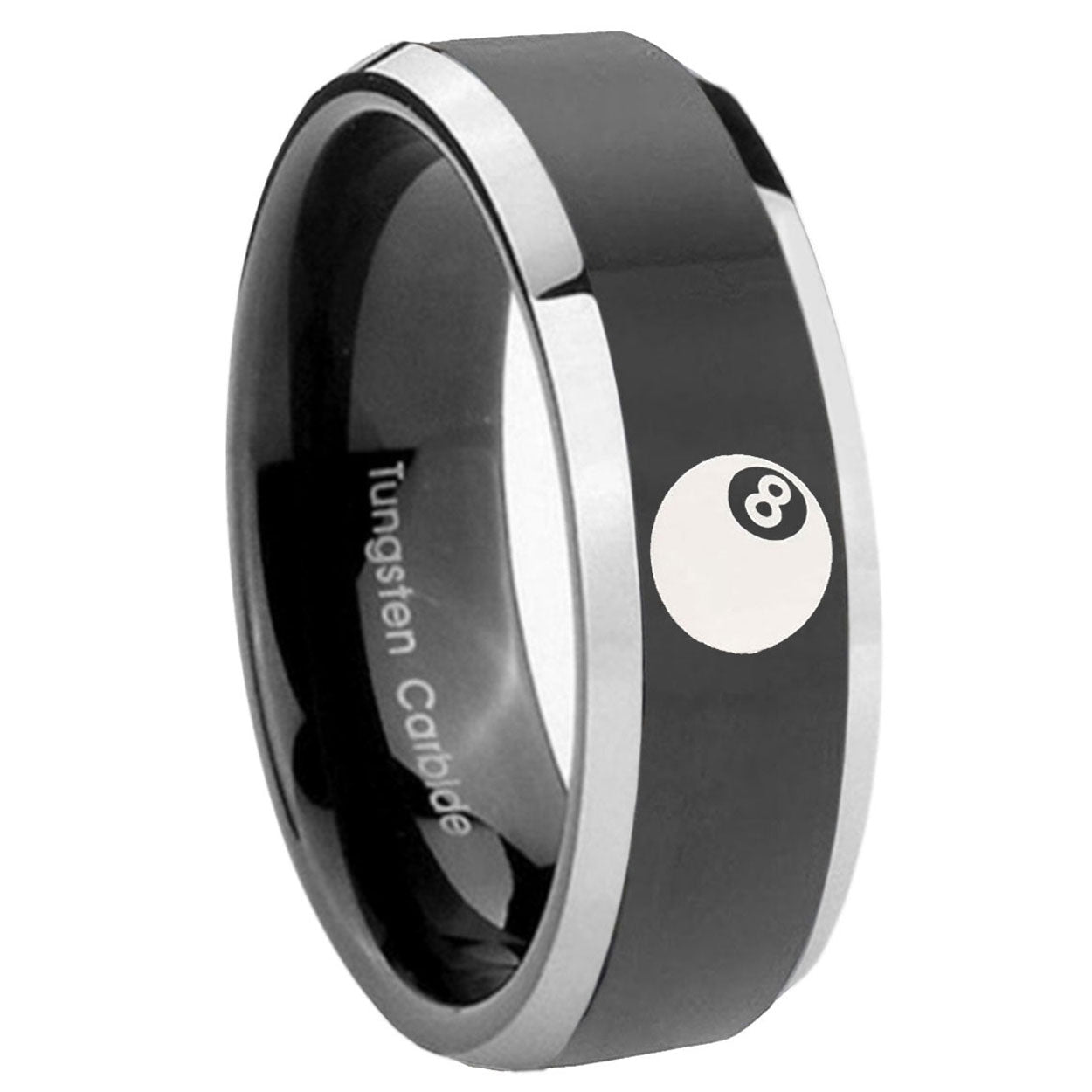 8mm 8 Ball Beveled Edges Glossy Black 2 Tone Tungsten Ring