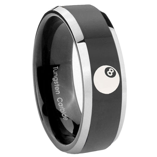 10mm 8 Ball Beveled Edges Glossy Black 2 Tone Tungsten Men's Promise Rings