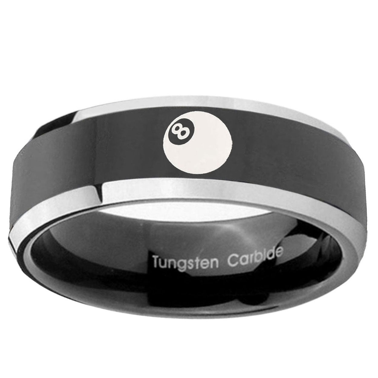 10mm 8 Ball Beveled Edge Glossy Black 2 Tone Tungsten Men's Promise Rings