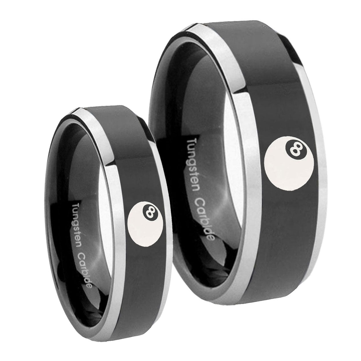 8 Ball Beveled Glossy Black 2 Tone Tungsten Mens Set Ring