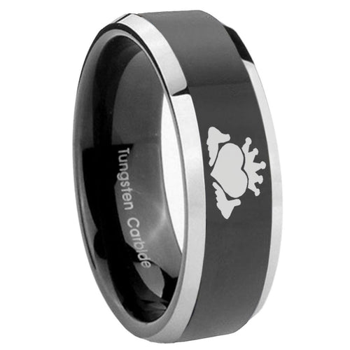 10mm Claddagh Design Beveled Edges Glossy Black 2 Tone Tungsten Mens Ring