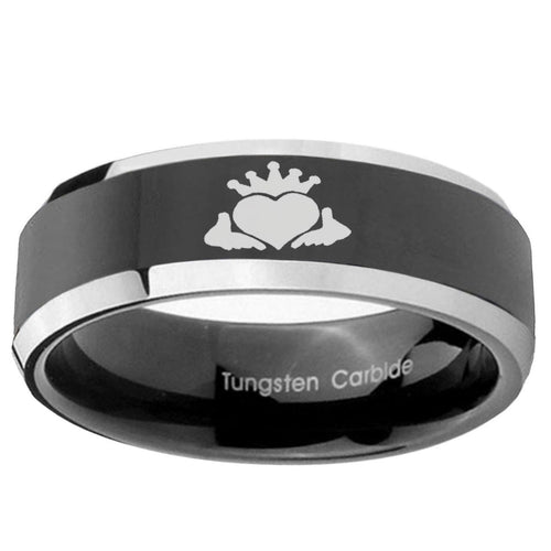 10mm Claddagh Design Beveled Edge Glossy Black 2 Tone Tungsten Mens Ring