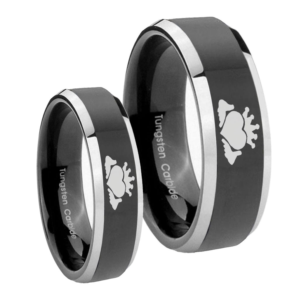 Claddagh Design Beveled Glossy Black 2 Tone Tungsten Bridal Set Rings