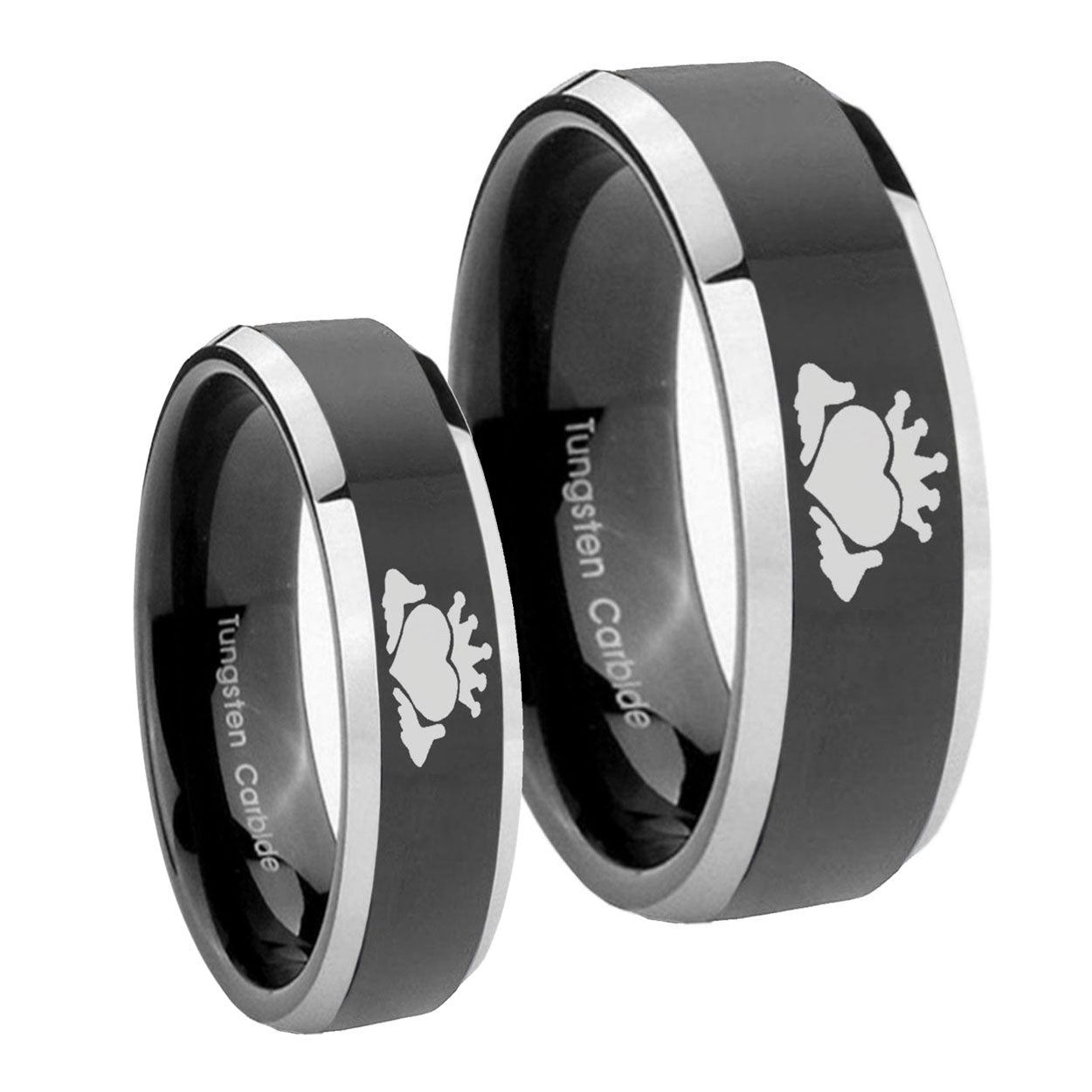 Claddagh Design Beveled Glossy Black 2 Tone Tungsten Bridal Set Rings