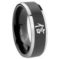 8mm Kanji Faith Beveled Glossy Black 2 Tone Tungsten Ring