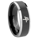 8mm Kanji Peace Beveled Edges Glossy Black 2 Tone Tungsten Anniversary Ring