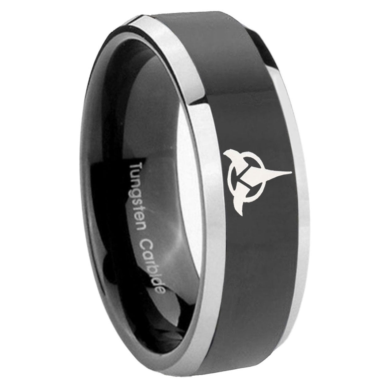 8mm Klingon Beveled Edges Glossy Black 2 Tone Tungsten Ring