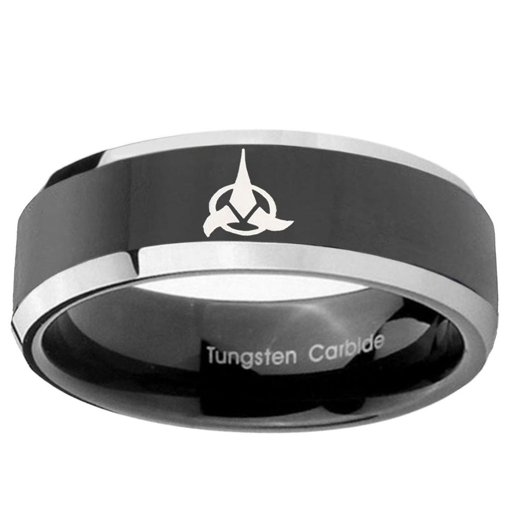 10mm Klingon Beveled Edge Glossy Black 2 Tone Tungsten Men's Wedding Band