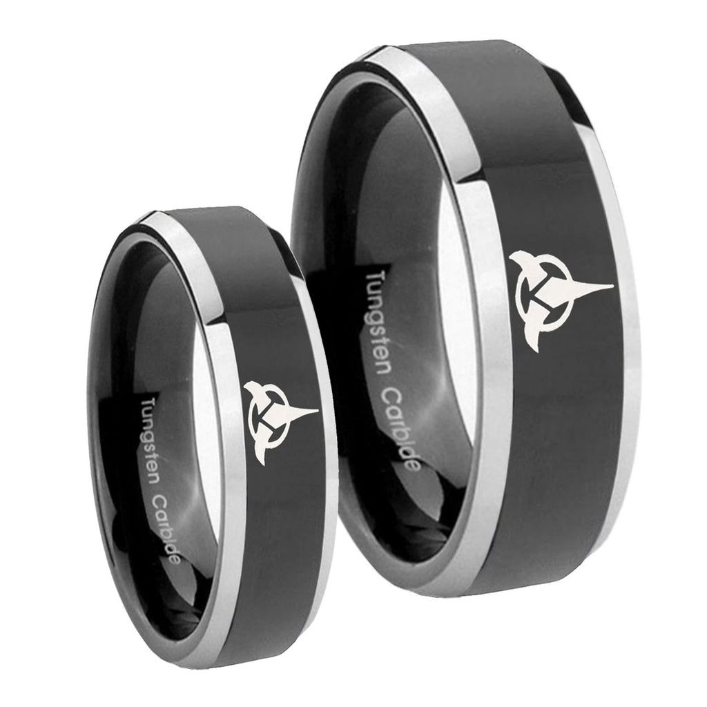 Klingon Beveled Edges Glossy Black 2 Tone Tungsten His And Hers Ring