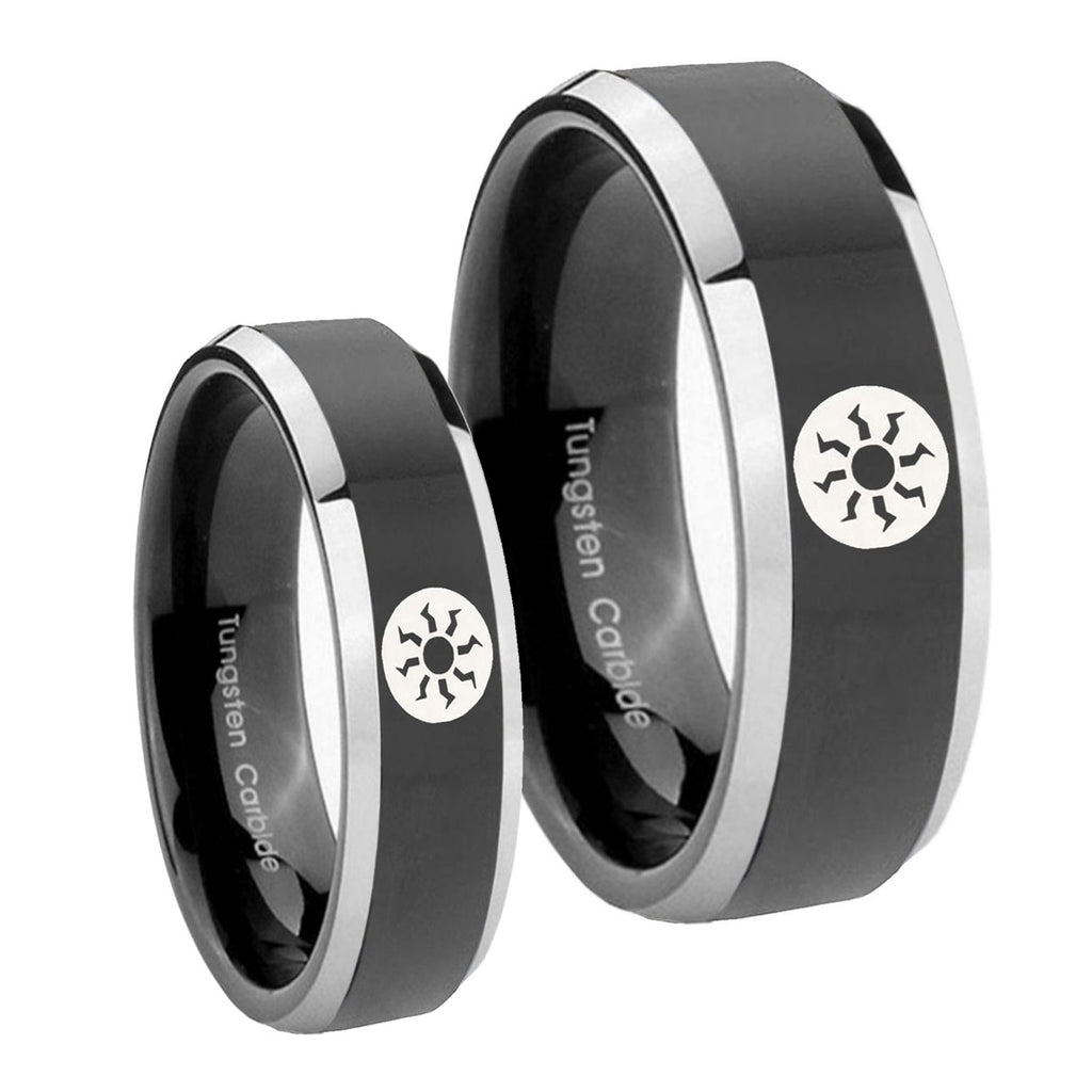 Magic The GatheRing Beveled Glossy Black 2 Tone Tungsten Wedding Set Ring