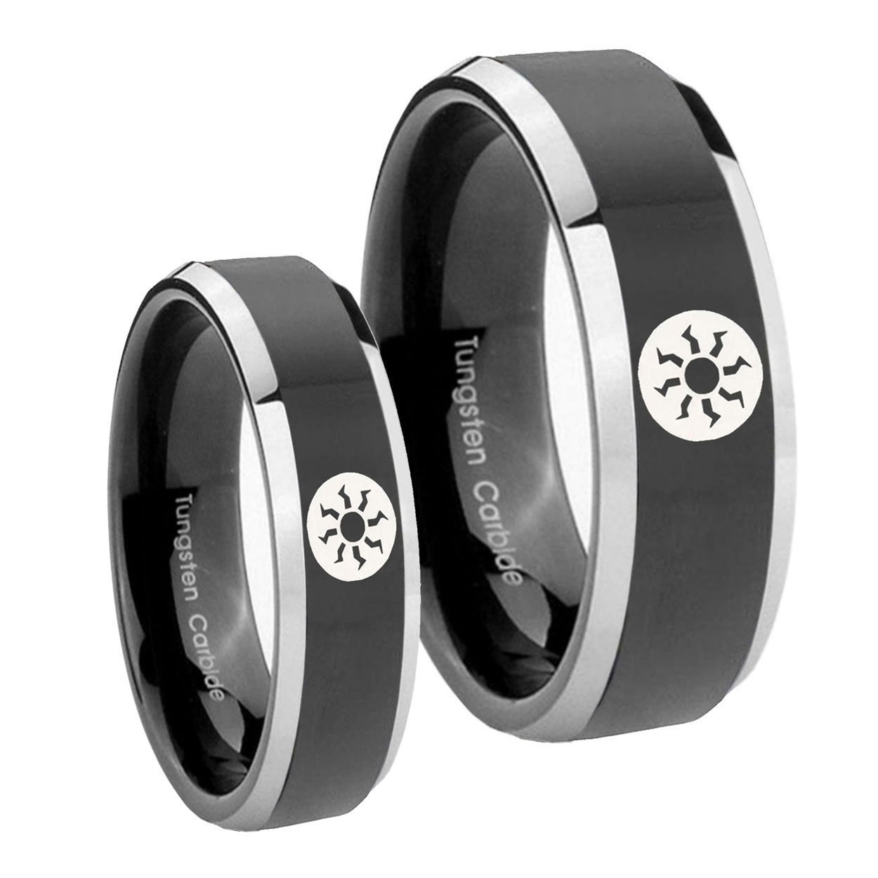 Magic The GatheRing Beveled Glossy Black 2 Tone Tungsten Wedding Set Ring