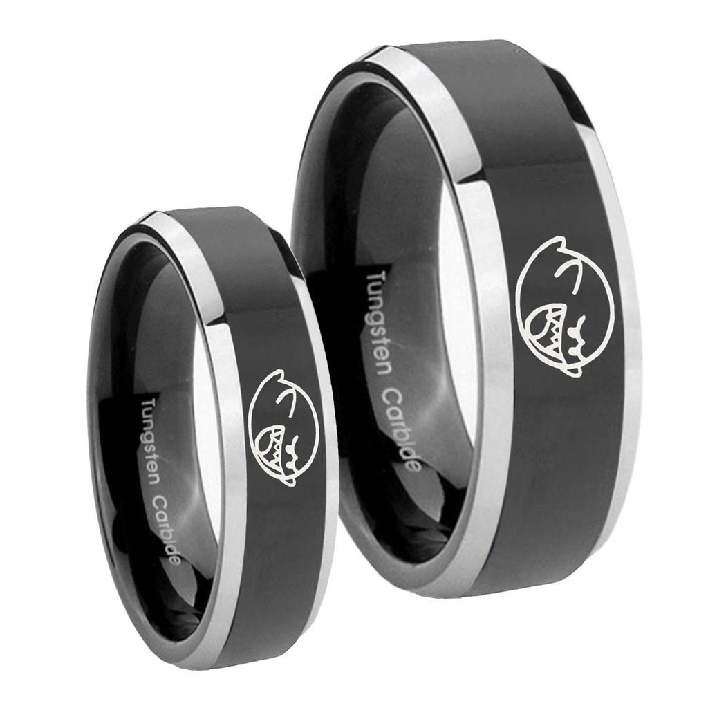 Mario Boo Ghost Beveled Glossy Black 2 Tone Tungsten Engagement Ring Set