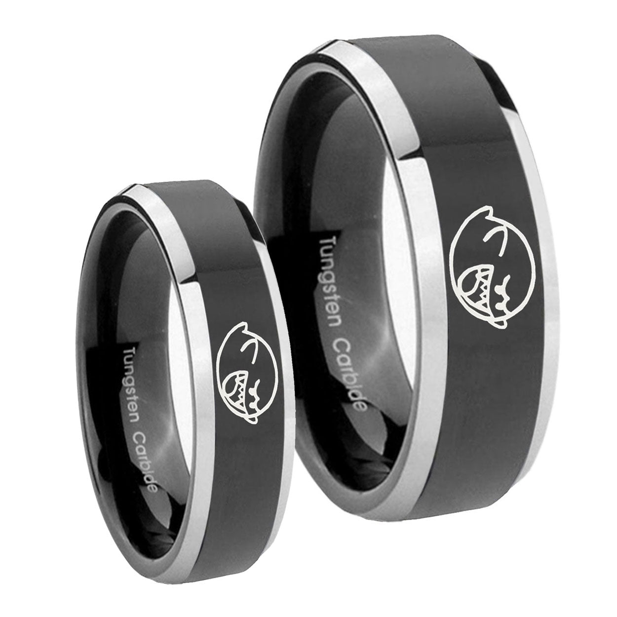 Mario Boo Ghost Beveled Glossy Black 2 Tone Tungsten Engagement Ring Set