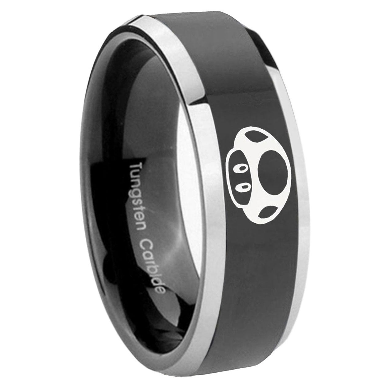 10mm Mario Mushroom Beveled Edges Glossy Black 2 Tone Tungsten Promise Ring