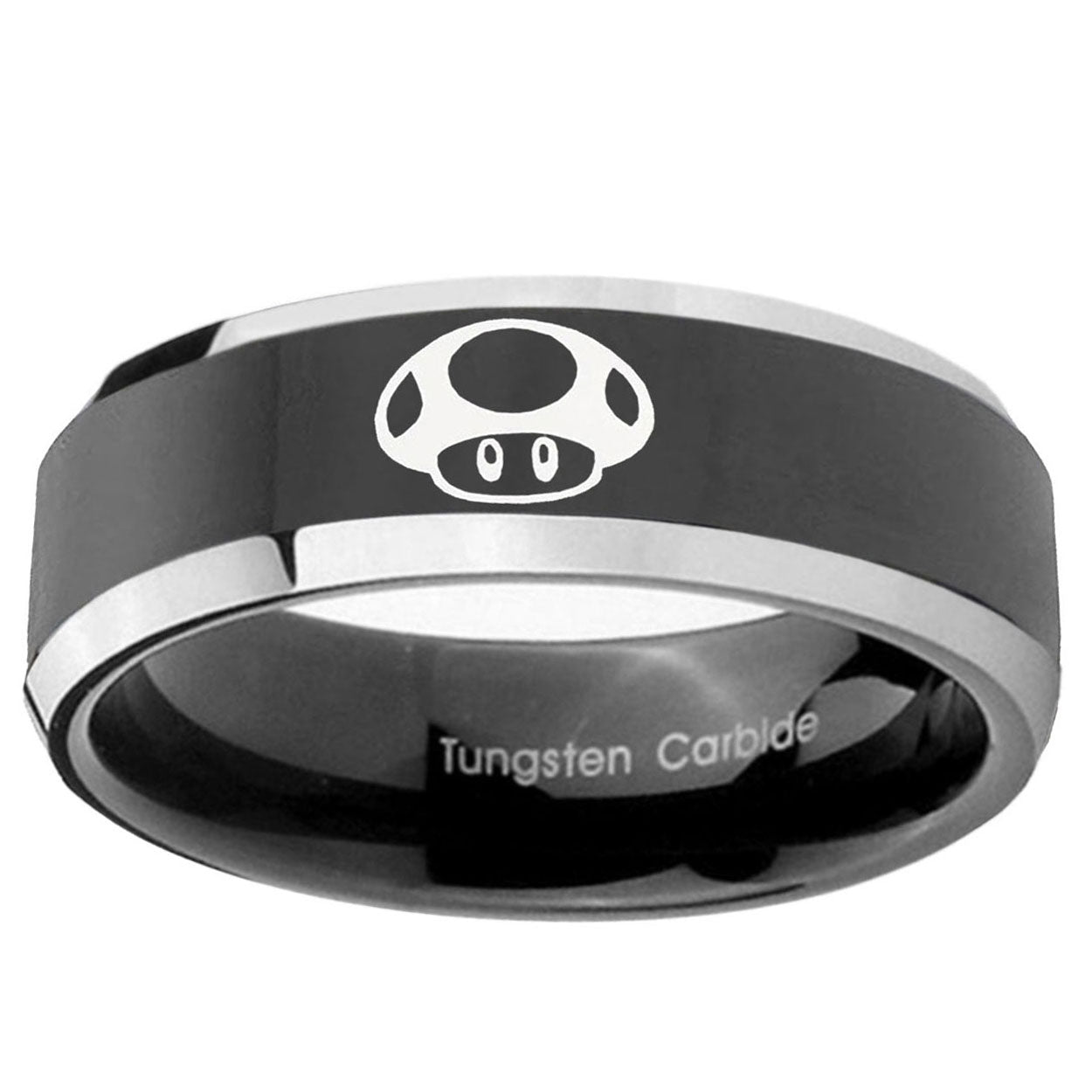 5mm Mario Mushroom Beveled Glossy Black 2 Tone Tungsten Ring