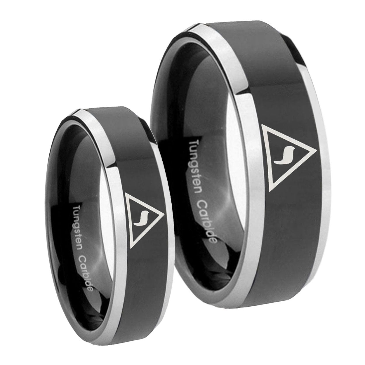 Masonic Yod Beveled Glossy Black 2 Tone Tungsten Couple Band Set