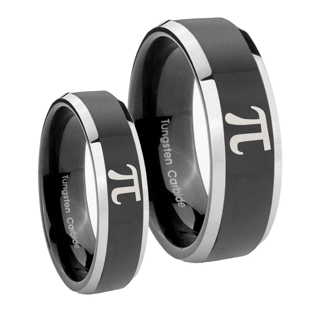 Math Pi Beveled Glossy Black 2 Tone Tungsten Wedding Band Set