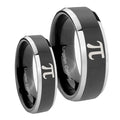 Math Pi Beveled Glossy Black 2 Tone Tungsten Wedding Band Set