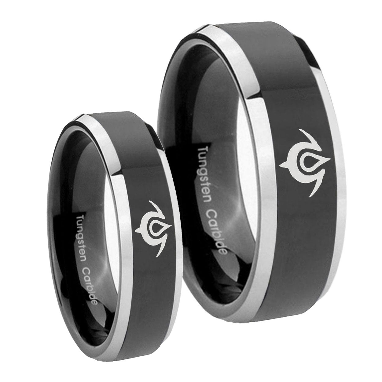 Naga Beveled Edges Glossy Black 2 Tone Tungsten Wedding Set Rings