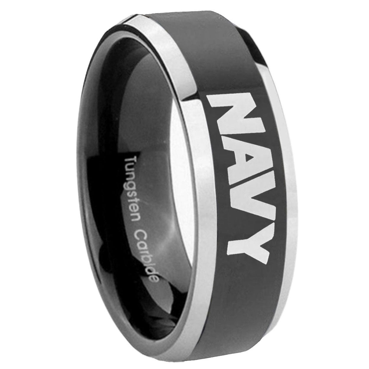 10mm Navy Beveled Edges Glossy Black 2 Tone Tungsten Carbide Anniversary Ring