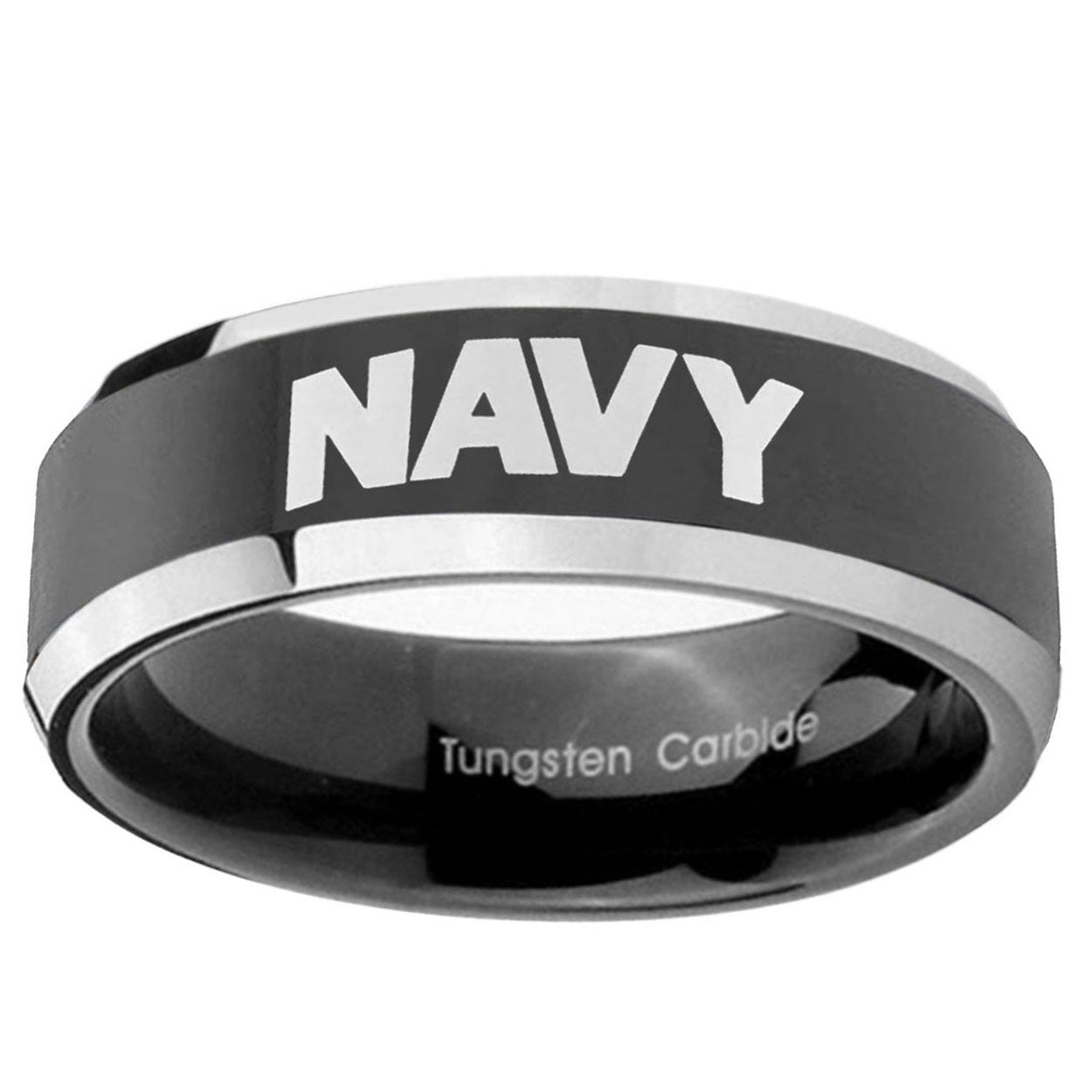5mm Navy Beveled Edges Glossy Black 2 Tone Tungsten Ring