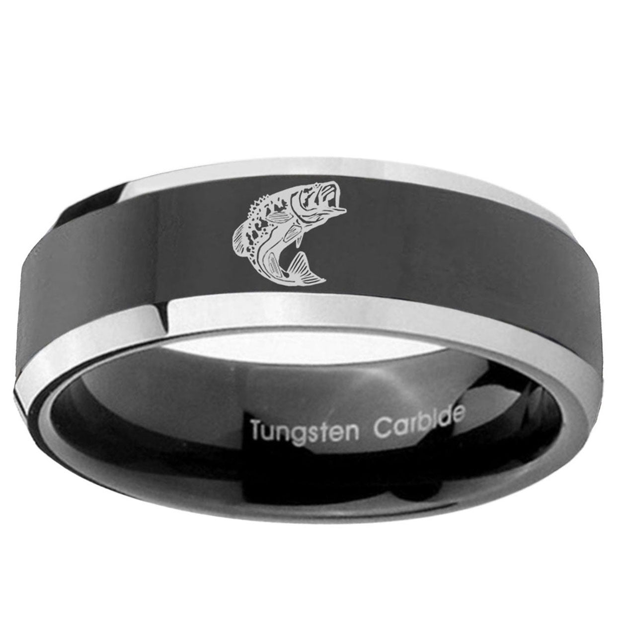 5mm Fishing Beveled Glossy Black 2 Tone Tungsten Mens Ring