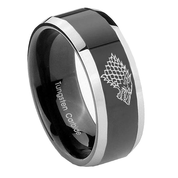 10mm-Game-Of-Thrones-House-Stark-Direwolf-Beveled-Glossy-Black-2-Tone-Tungsten-Engagement-Ring
