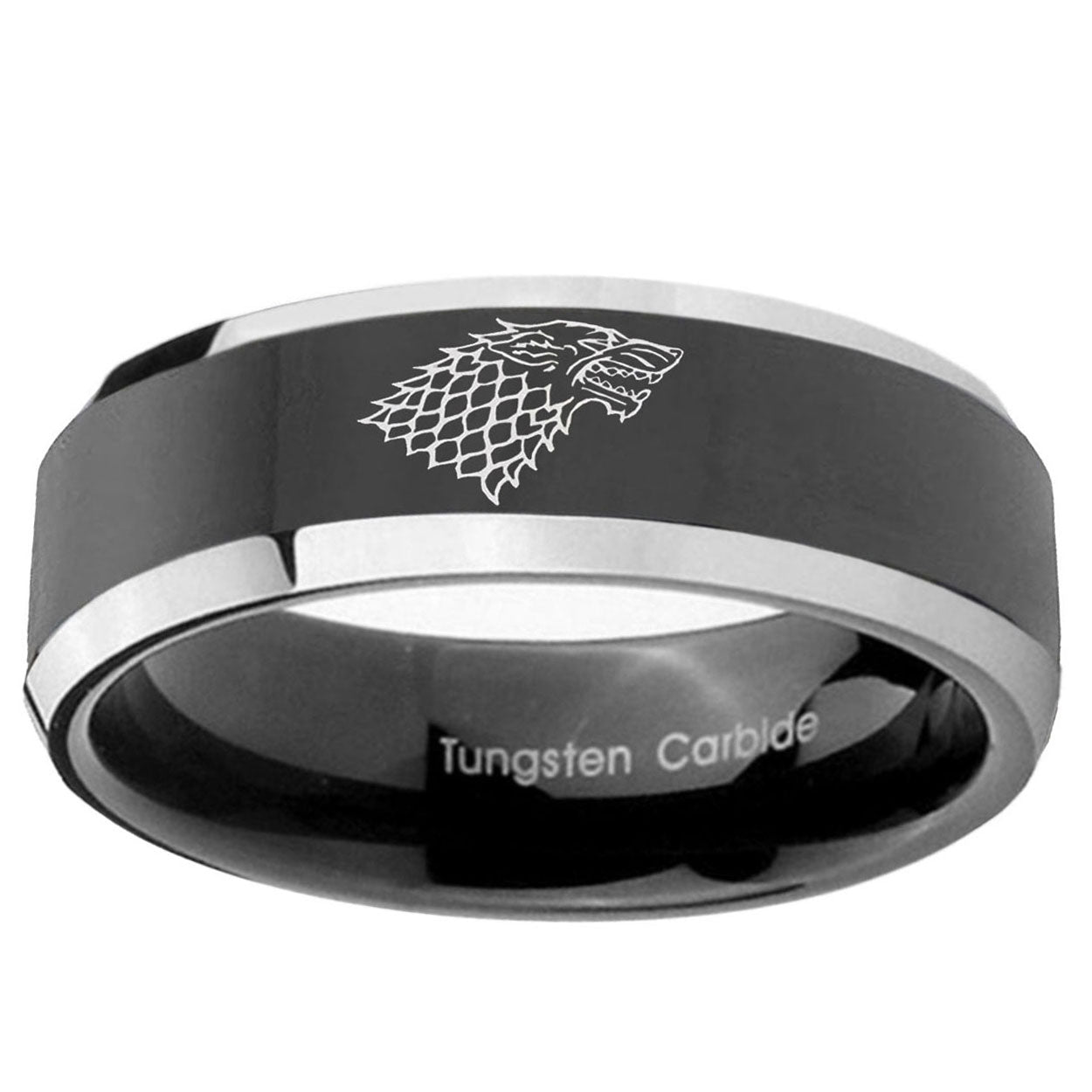 5mm Game Of Thrones House Stark Direwolf Bevel Glossy Black 2 Tone Tungsten Ring