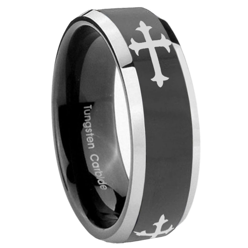 8mm Christian Cross Religious Bevel Glossy Black 2 Tone Tungsten Ring