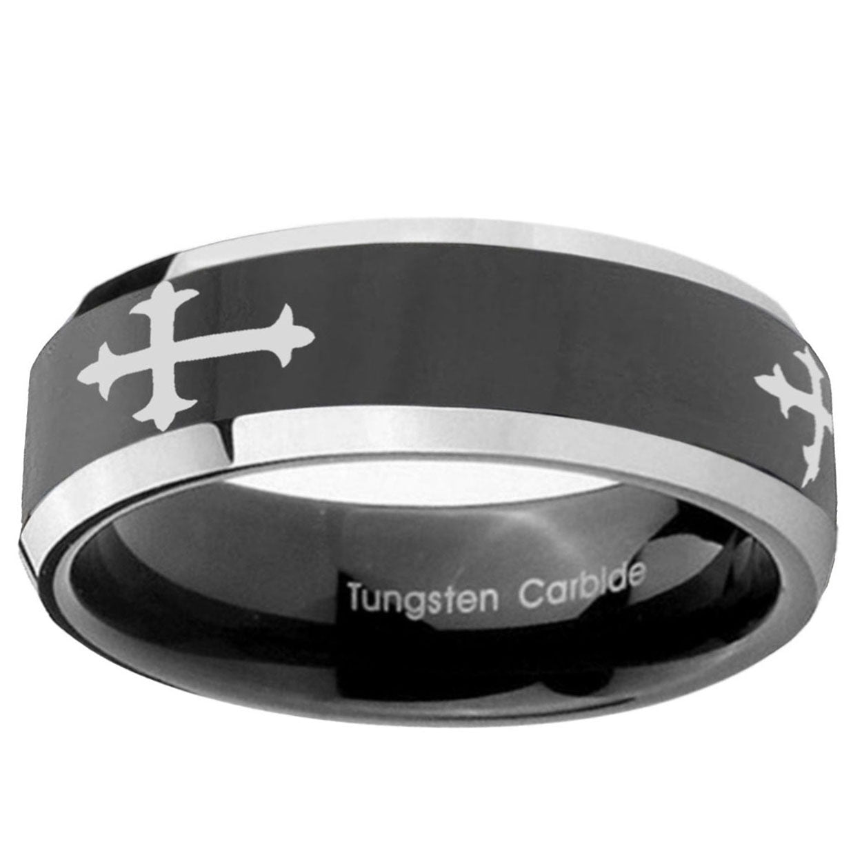 5mm Christian Cross Religious Bevel Glossy Black 2 Tone Tungsten Ring