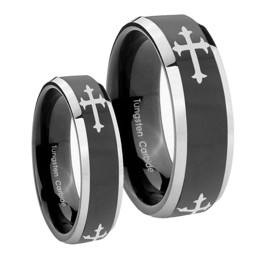 Christian Cross Religious Beveled Glossy Black 2 Tone Tungsten Bridal Band Set
