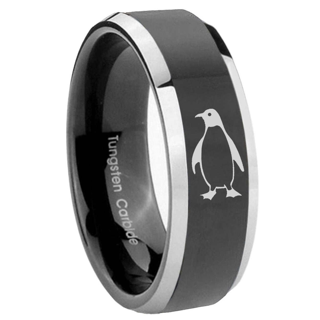 10mm Penguin Beveled Glossy Black 2 Tone Tungsten Engagement Ring