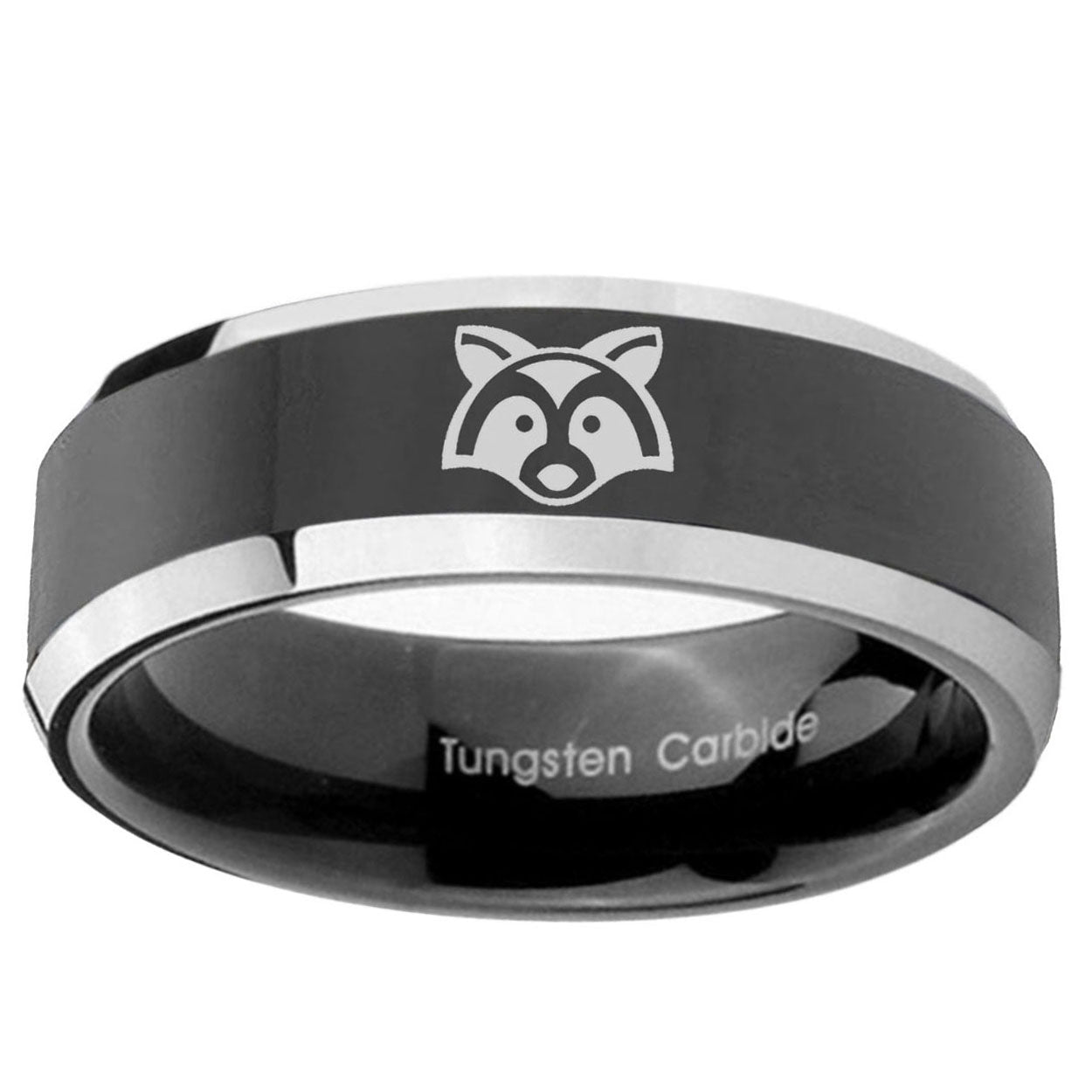 10mm Raccoon Animal Beveled Glossy Black 2 Tone Tungsten Ring